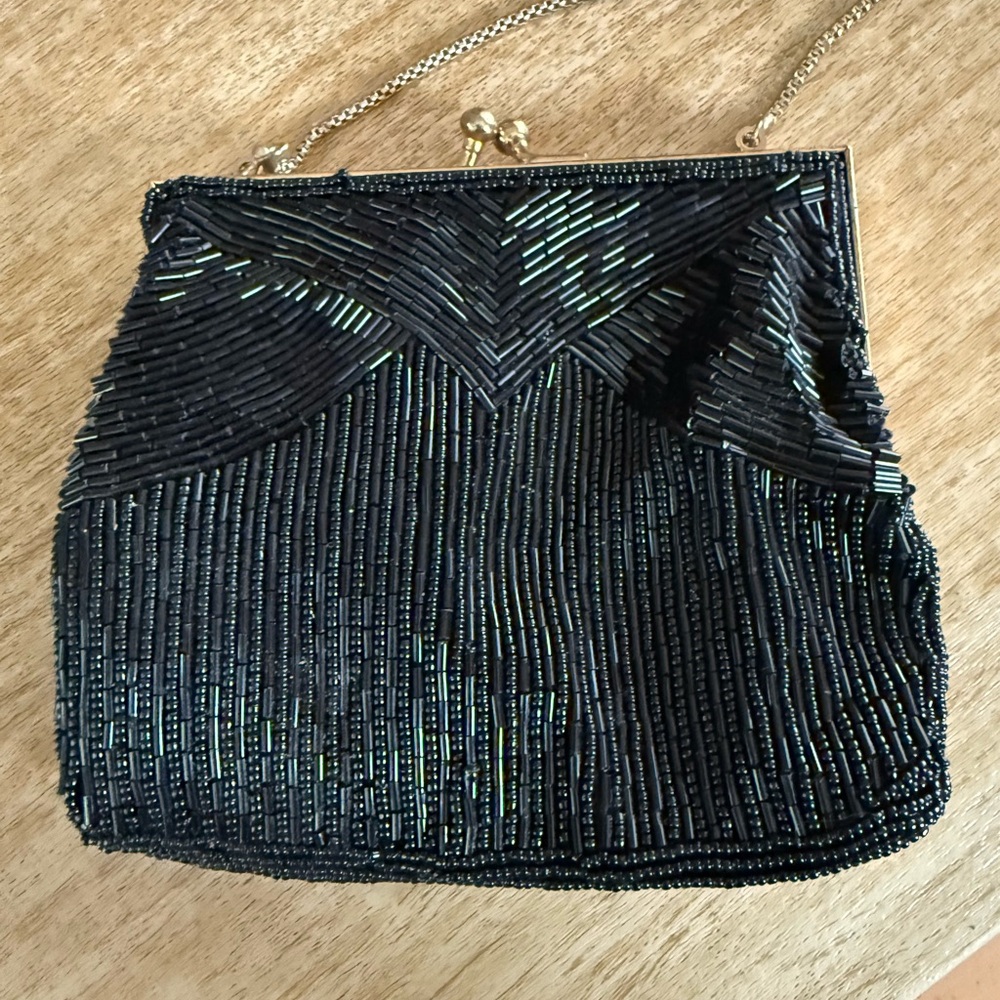 Magid Evening Bag Purse Black Beaded Purse Metal Shoulder Strap